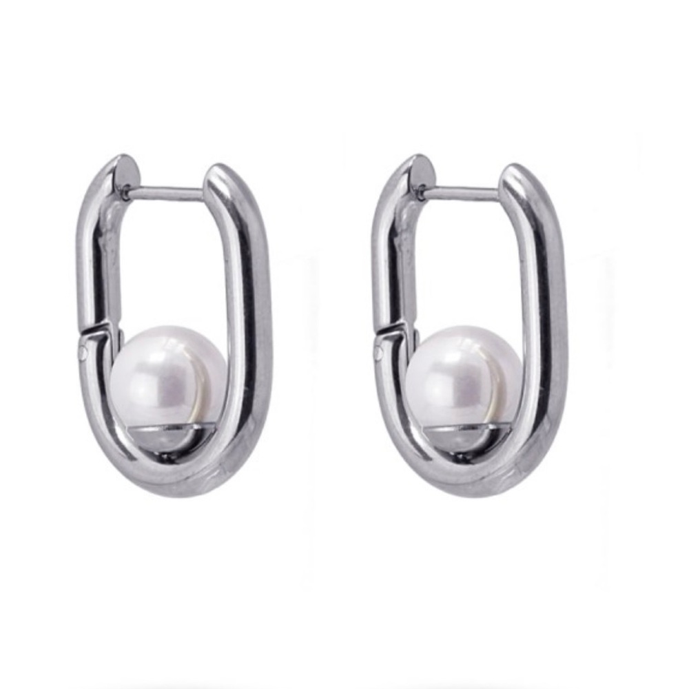 Elegant Silver Pearl Hoop Earrings in Stainless Steel (color Silver)